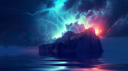 Wall Mural - Landscape of sunset on the sea. Storm, rain and lightning. Generated AI