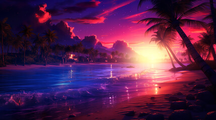 Wall Mural - Summer seascape, sunset at sea, neon glow, AI generated