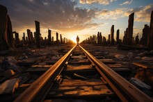 Uncharted Railways: Wooden Sleepers And Iron Tracks Leading To The Infinite Horizon, Traveler's Shadow Crafting Stories Of The Wayfarer Generative AI