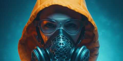 cyberpunk girl in leather hoodie with gas mask