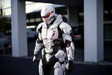 Armored Suit Costume. Futuristic Android Cyborg Robot. Generative AI Illustration.
