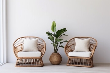 Empty white wall mockup in boho room interior with two wicker armchairs and pot with plants. Natural daylight from a window. Background wor wall art mockups.