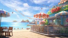 Restaurant On The Beach With Butterfly With Cartoon Or Anime Style Background. Seamless Looping Time-lapse Virtual 4k Video Animation Background.