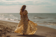 Woman Lifestyle Beautiful Fashion Hippie Summer Sea Beach Slim Dress Person. Generative AI.