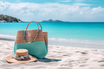 Straw bag and hat on the beach with blue sea and sky background