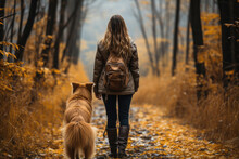 Active Young Woman With Dog On A Walk In A Beautiful Autumn Forest