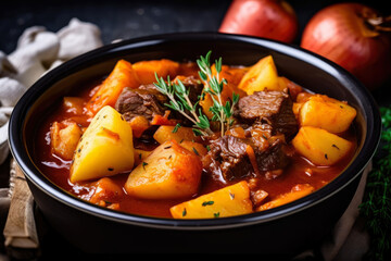  Hungarian-style goulash showcases savory chunks of tender beef, onions, and potatoes, complemented by thyme, in a rustic, captivating close-up.