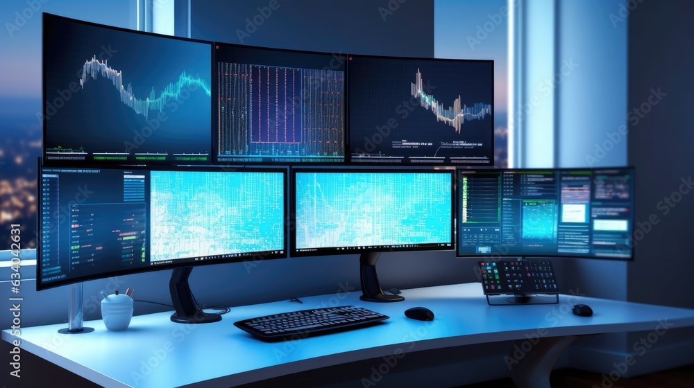 The side view from a computer desk with multiple screens displaying ...