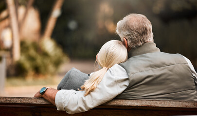 Wall Mural - Park bench, back and relax couple bonding, care and cuddle together, connect and hug on outdoor forest break. Natural wellness, honeymoon and marriage people support, care and on romantic woods date