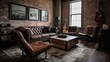 Living room decor, home interior design . Industrial Rustic style with Brick Wall decorated with Metal and Wood material . Generative AI AIG26.