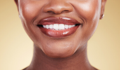 woman, mouth and teeth, natural beauty and dental with cosmetics, skin and closeup isolated on yello