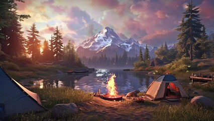 beautiful landscape camping in the mountains background. seamless looping time-lapse virtual 4k vide