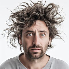 very shaggy man a young guy with long disheveled uncombed hair closeup on a white background 