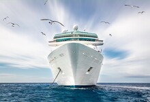 Cruise Ship In The Blue Ocean With Seagull