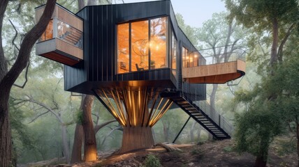 Wall Mural - The exterior design of modern and luxurious treehouse in the forest. Generative AI image AIG30.