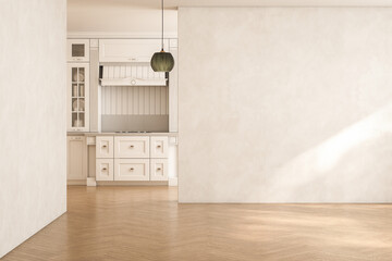 Wall Mural - Modern interior design of apartment, kitchen, empty living room with beige wall, panorama. 3d rendering