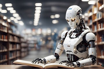 ai robot reading book in library,Generative ai.