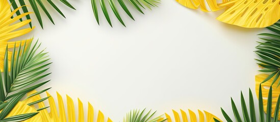 Sticker - Summer theme with blank yellow paper palm leaves and photo frame on a pastel gray background in a flat lay