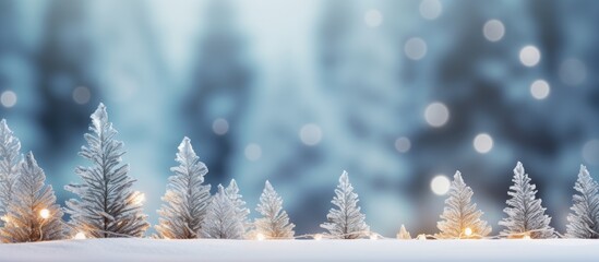 Leinwandbilder - Snowy winter Christmas tree branches with cones surrounded by defocused lights and blurred background Spacious banner with space for text Emphasis on cones