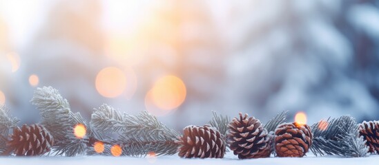 Leinwandbilder - Snowy winter Christmas tree branches with cones surrounded by defocused lights and blurred background Spacious banner with space for text Emphasis on cones