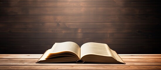 Poster - Books open on table wooden surface school empty area