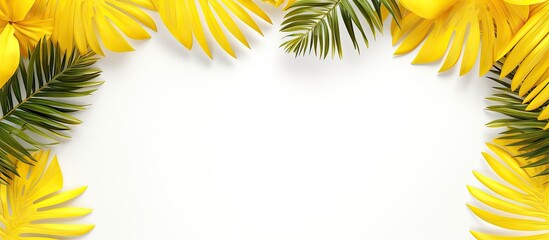 Poster - Summer theme with blank yellow paper palm leaves and photo frame on a pastel gray background in a flat lay