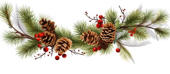Poster - Pine twigs and Christmas decor isolated on white or transparent background