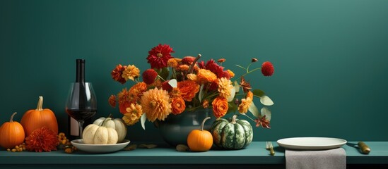 Poster - Fall themed table decor featuring pumpkins flowers and a green wall nearby