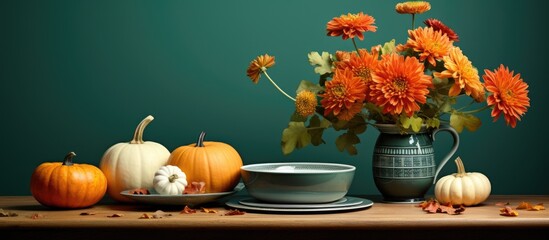 Poster - Fall themed table decor featuring pumpkins flowers and a green wall nearby