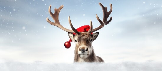 Canvas Print - 3D Illustration of reindeer with red nose and Santa hat against white backdrop