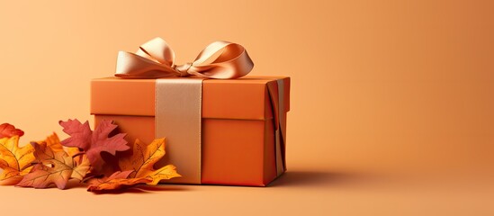 Aufkleber - Top view of fall themed handmade paper gift box on orange background with copy space
