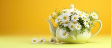 3D Illustration Of A Chamomile Bouquet In An Old Yellow Tea Pot Against A Vibrant Yellow Spring Background