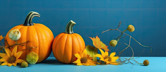 Poster - Beautiful pumpkins with yellow leaves on blue background are in the corners
