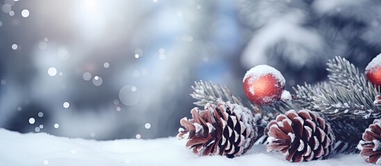Leinwandbilder - Snowy winter Christmas tree branches with cones surrounded by defocused lights and blurred background Spacious banner with space for text Emphasis on cones