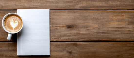 Poster - Notebook seen from above with coffee and light on wooden table