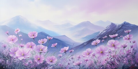 Wall Mural - illustration of beautiful pink flower field with mountain valley landscape, Generative Ai