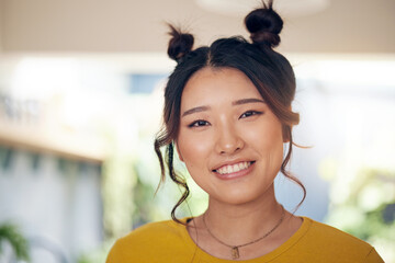 Sticker - Asian, woman and happy portrait in home with cool gen z person with a smile in kitchen, living room or apartment. Face, happiness and girl with unique fashion, hairstyle or casual confidence in house