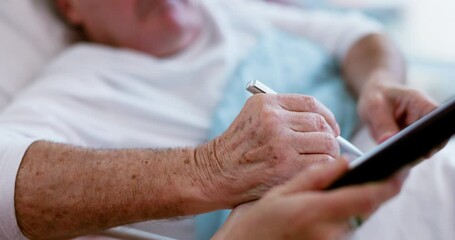 Poster - Hands, hospital bed or man with contract to sign on application or document for will or life insurance papers. Medical, closeup or patient with signature for paperwork, form or healthcare agreement