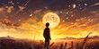 painting style illustration, silhouette shadow of a man standing in front of big dandelion seed globe released flying seed to the sky, Generative Ai