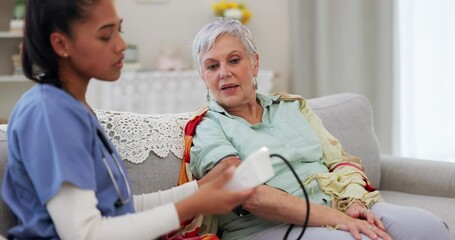 Poster - Blood pressure, nurse and healthcare with old woman on sofa for consulting, support and helping. Medicine, medical and retirement with senior patient and caregiver in nursing home for test and advice