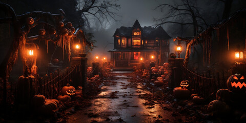 Wall Mural - Haunted Victorian House at sunset with eerie Halloween decorations