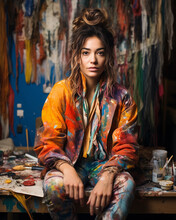 Bohemian Style Female Artist In Her Studio, Abstract, Vibrant Paint Smears On Face, Hands, Clothes, Paint Splattered Canvas In Background, Ambient Indoor Lighting