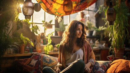 Poster - Bohemian lifestyle, a relaxed woman in her mid - 30s lounging on a Persian rug, surrounded by vibrant tapestries and plants, soft daylight filtering in, natural, earthy colors