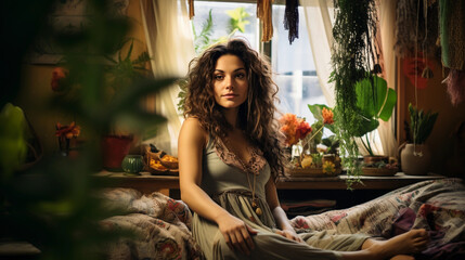 Poster - Bohemian lifestyle, a relaxed woman in her mid - 30s lounging on a Persian rug, surrounded by vibrant tapestries and plants, soft daylight filtering in, natural, earthy colors