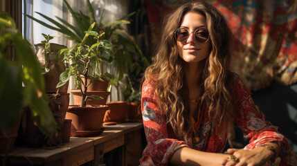 Poster - Bohemian lifestyle, a relaxed woman in her mid - 30s lounging on a Persian rug, surrounded by vibrant tapestries and plants, soft daylight filtering in, natural, earthy colors