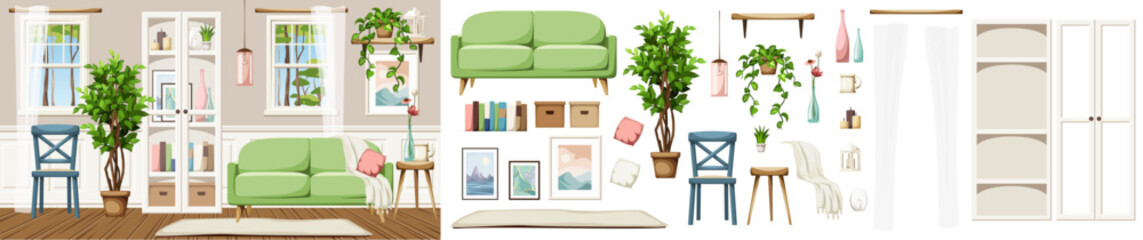 Beautiful room interior with a sofa, a white bookcase, two windows with tulle curtains, and houseplants. Cozy interior design. Furniture set. Interior constructor. Cartoon vector illustration