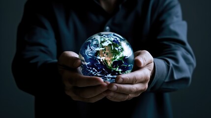 Leinwandbilder - Man holding planet in hand for earth day, Saving energy environment concept.