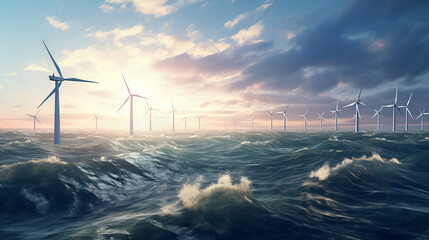 sea during storm with green renewable alternative energy source wind turbines in the background