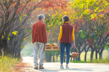 Happy farmer family carrying organics homegrown produce harvest with apple, squash and pumpkin while walking along the country road with fall color from maple tree during the autumn season