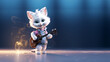Süße Cartoon Katze mit Gitarre auf der Bühne im Konzert mit bunten Lichtern und Glitzer Hintergrund, ai generativ 